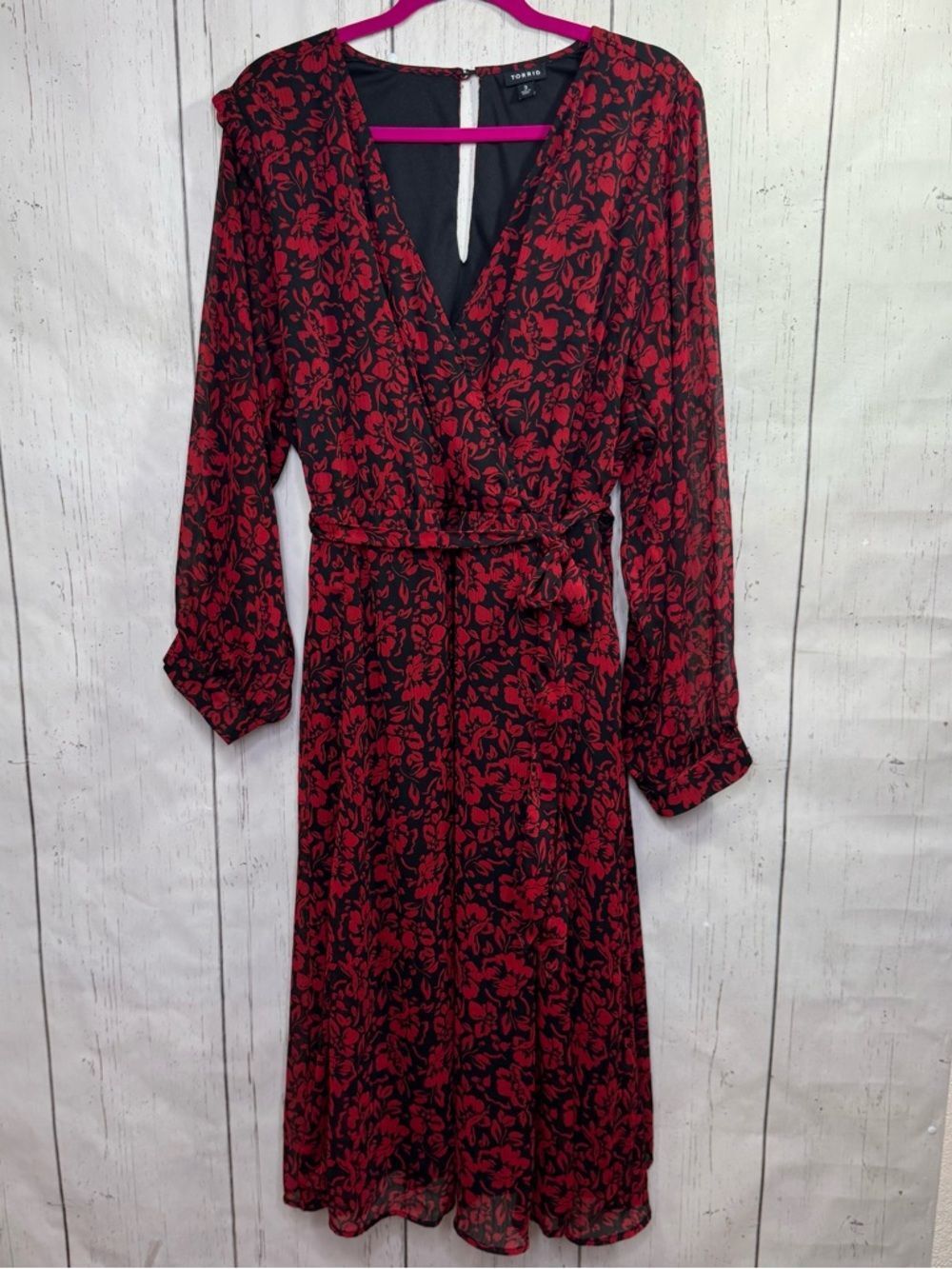 Torrid Red Black Floral Wrap Dress 3X Midi Chiffon Goth Romantic Flowy Feminine